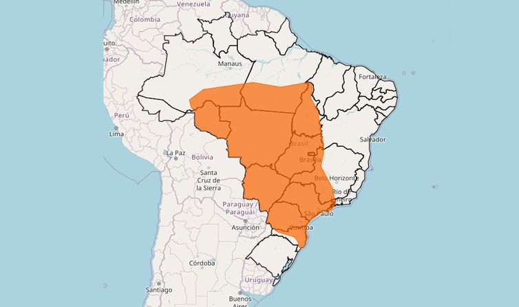 Inmet/Reprodução Brasília (DF), 07/11/2024 - INMET publica aviso laranja de chuvas de até 100 mm/dia, com ventos intensos de 100 km/h), risco de corte de energia elétrica, queda de galhos de árvores, alagamentos e de descargas elétricas. Foto: Inmet/Reprodução
