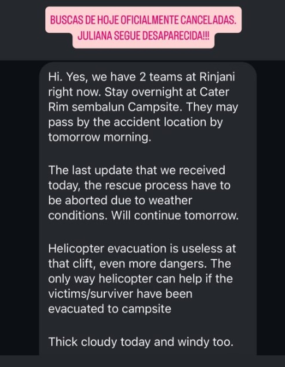 Irmã de brasileira que caiu em trilha de vulcão na Indonésia informa que resgate foi suspenso por conta do clima — Foto: Reprodução redes sociais