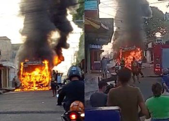 Ônibus de rota de trabalhadores pega fogo em Manaus