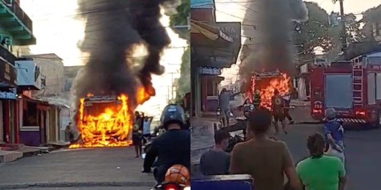 Ônibus de rota de trabalhadores pega fogo em Manaus
