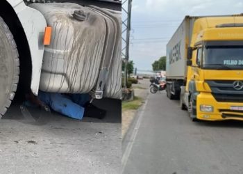 Acidente entre moto e carreta deixa uma pessoa em estado grave; veja o vídeo 