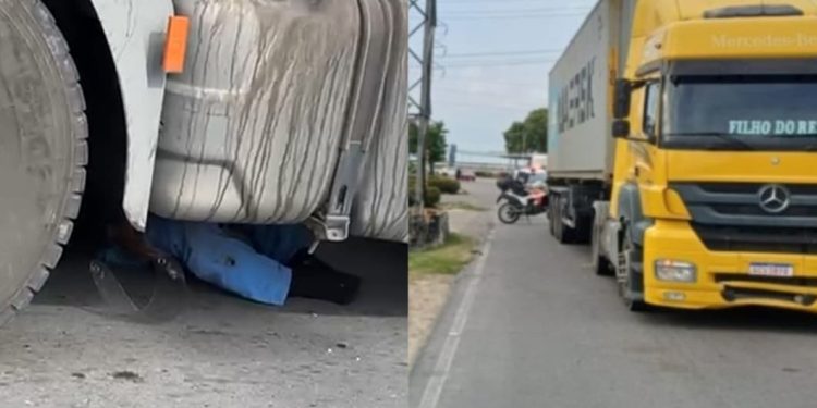 Acidente entre moto e carreta deixa uma pessoa em estado grave; veja o vídeo 