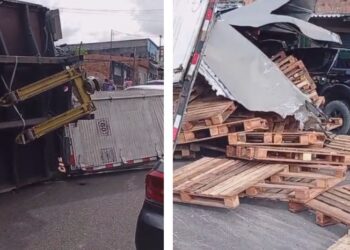 Caminhão carregado de pallets tomba e atinge carros na zona leste de Manaus